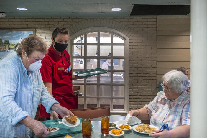 Diners in the S&S Cafeteria in Macon on May 4, 2020. The restaurant thinned its seating capacity by more than half and installed other safety precautions to enable in-house dining after Gov. Brian Kemp eased coronavirus-related restrictions.
