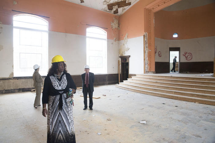 The auditorium, while shrunk by about two thirds after being divided into apartments near an entrance hallway, will still be used as a community center and performance space once AL Miller High School becomes low income housing. 