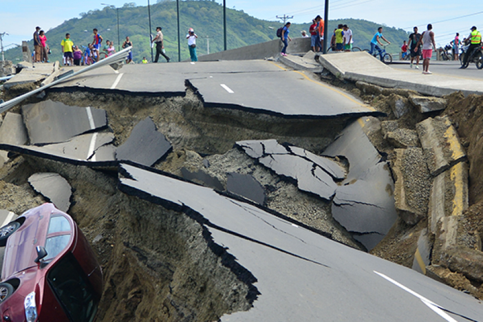 A destroyed road in Ecuador following the April 16, 2016 earthquake.