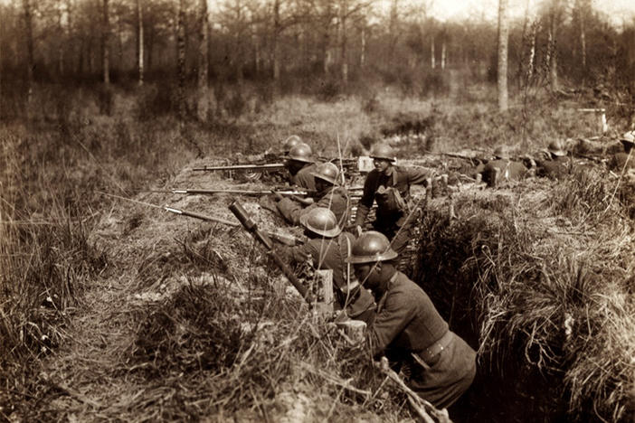 The New York National Guard's 369th Regiment, 93rd Infantry Division, also known as the "Harlem Hellfighters," stand ready in trenches near Maffrecourt in the Argonne Region, France, May 4, 1918. 