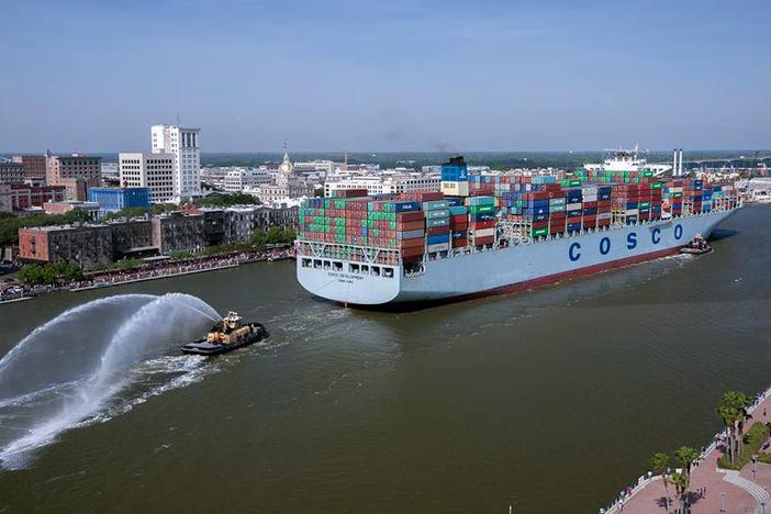 The container ship COSCO Development sails up river past the historic district of Savannah, Ga., to the Port of Savannah, on Thursday, May 11, 2017. At 1,201 feet long and 158 feet wide, the ship is the largest vessel ever to call on the U.S. East Coast.