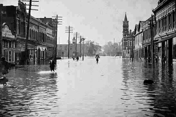 Storm surge from a landfalling hurricane on Cumberland Island, Georgia in 1898. This is looking south on Newcastle Street in Brunswick, Georgia.