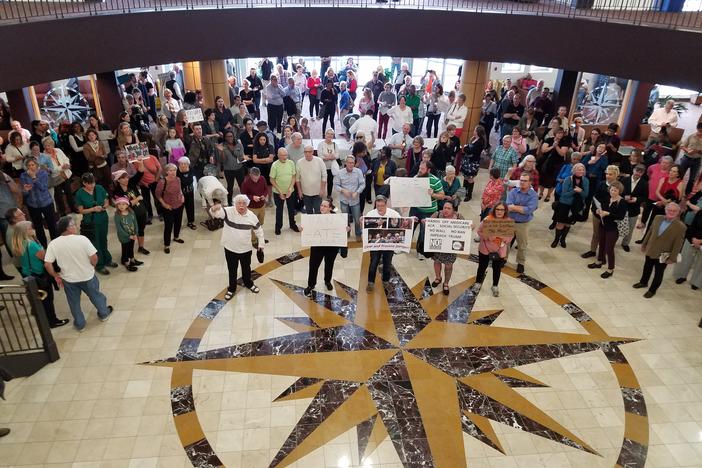 Outside Rep. Buddy Carter's town hall meeting, opponents chant "you work for us."