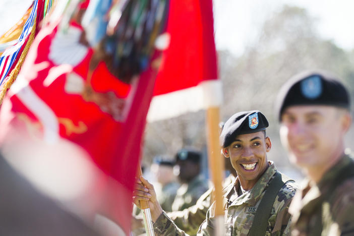 Members of the Army's 3rd Infantry Division wait for the beginning of the Color Casing ceremony at Fort Stewart in Hinesville Tuesday. The 3rd ID will soon deploy to the Korean Peninsula for the first time since the Korean War. 