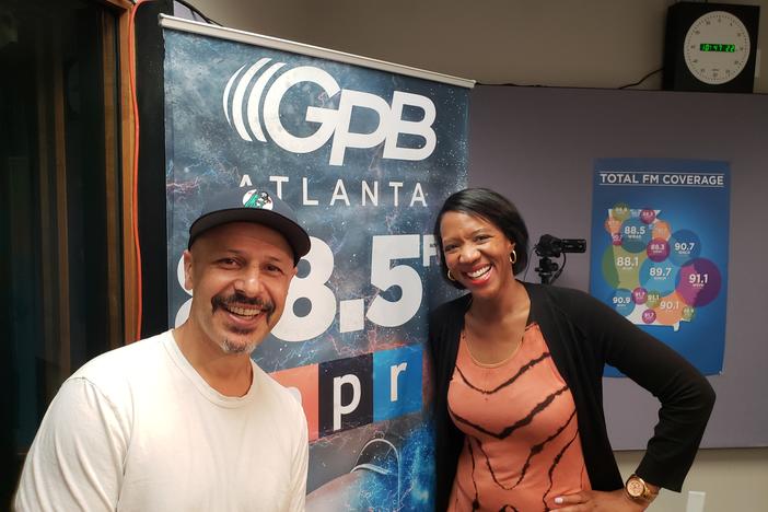 Comedian Maz Jobrani [left] with GPB's Leah Fleming [right]