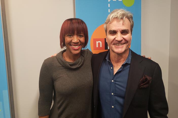GPB Morning Edition host Leah Fleming (left) speaks with writer Tom Junod (right), who befriended Fred Rogers after profiling him for Esquire in 1998.