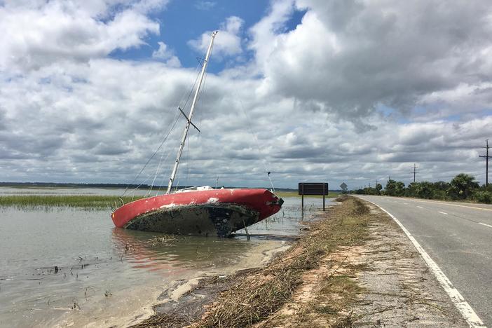 Sailboat on its side along U.S. Hwy 80, the road to Tybee Island, after Irma.