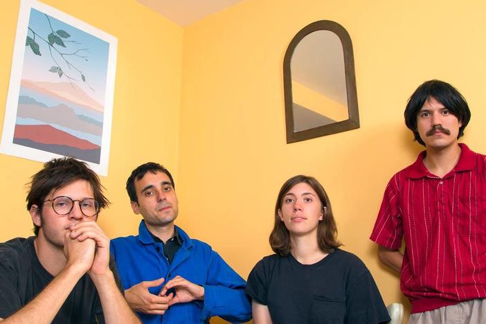 Palm, an American experimental band. Eve Alpert and Kasra Kurt both play the guitar,  Gerasimos Livitsanos is on bass and Hugo Stanley is on the drums.