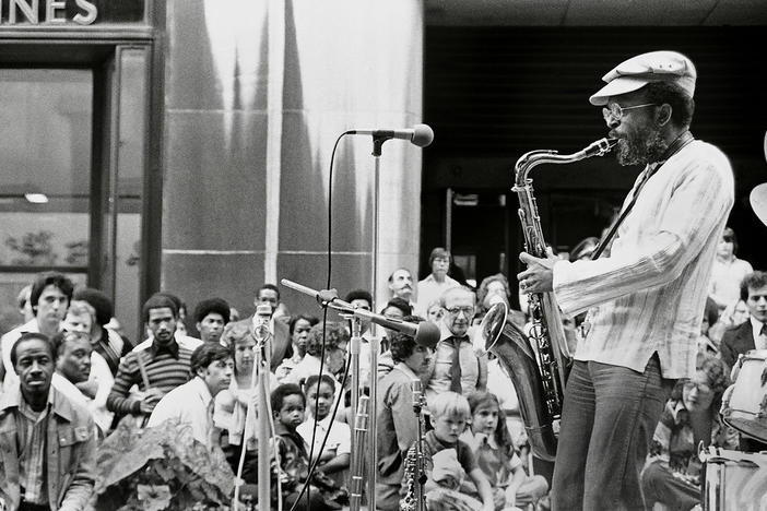 Jimmy Heath performs for an audience at Rockerfeller Center in New York City in 1977.