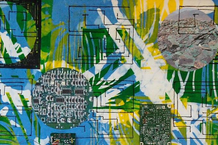 "E-Waste Quilt" by Rachel Green is one of the art pieces highlighting pollution of waterways in Ships of the Sea Museum's Making Waves exhibit.