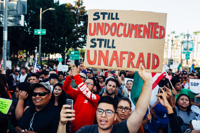People march in defense of the Deferred Action for Childhood Arrivals (DACA) program in Los Angeles, California.