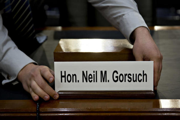 The name placard for Neil Gorsuch, U.S. Supreme Court nominee, is placed on a witness table before a Senate Judiciary Committee confirmation for Gorsuch on Monday.
