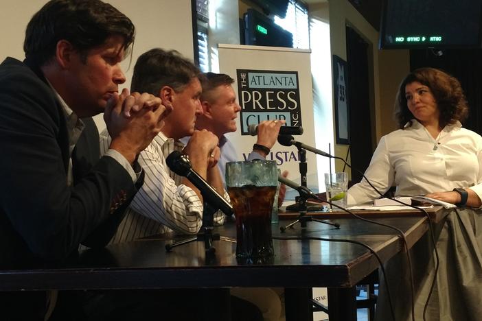 As part of an Atlanta Press Club panel discussion, On Second Thought host Celeste Headlee talked with (l to r) Richard Fausset of The New York Times, Cam McWhirter of The Wall Street Journal, and Martin Savidge of CNN.