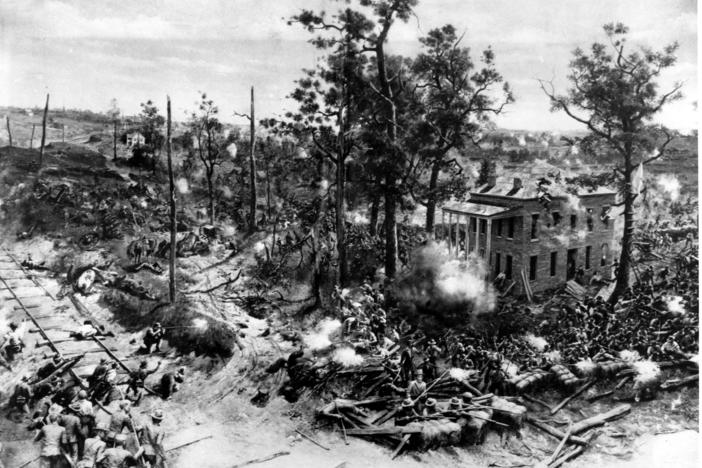 A close-up of a section of a cyclorama depicting the Battle of Atlanta from the American Civil War is seen in this undated photograph.