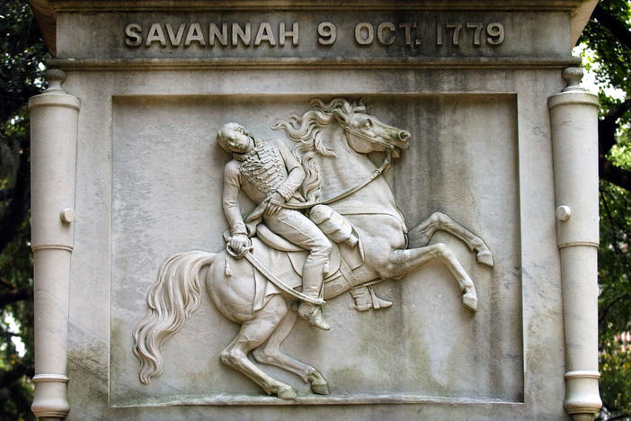 A carving of Brig. Gen. Casimir Pulaski is shown on the 54-foot monument to Pulaski on Monterey Square in Savannah, Thursday, June 23, 2005.