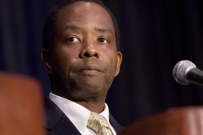 In this photo taken Aug. 8, 2010, Georgia Libertarian gubernatorial candidate John Monds faces off against his Republican and Democratic counterparts during a forum held at the Cobb Energy Center in Atlanta. 