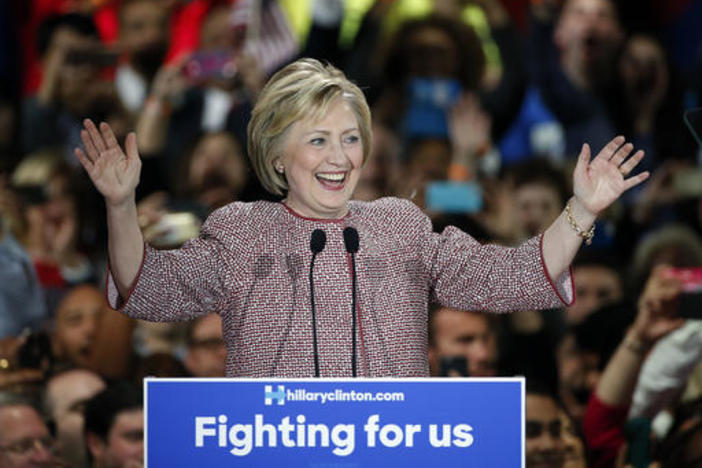 Democratic presidential candidate Hillary Clinton celebrates on stage after winning the New York state primary Tuesday, April 19, 2016, in New York.