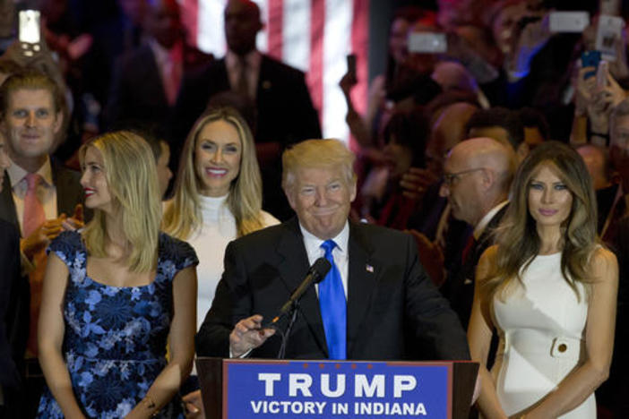 Donald Trump is joined by his wife Melania, right, and daughter Ivanka, left, as he arrives for a primary night news conference, Tuesday, May 3, 2016, in New York.