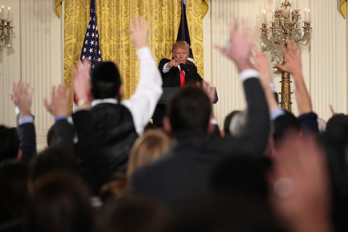 President Donald Trump calls on a reporter during a news conference, Thursday, Feb. 16, 2017, in the East Room of the White House in Washington.