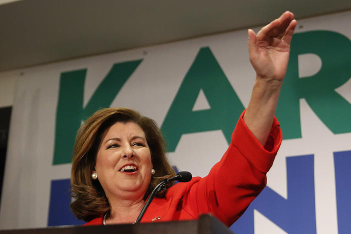 Republican candidate for Georgia's 6th District Congressional seat Karen Handel declares victory during an election-night watch party Tuesday, June 20, 2017, in Atlanta. 