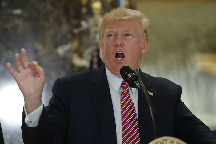 President Donald Trump speaks to the media in the lobby of Trump Tower, Tuesday, Aug. 15, 2017 in New York.