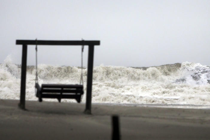 Waves on the southend beach of Tybee Island, Ga. pound the beach as Tropical Storm Irma heads into the state, Monday, Sept., 11, 2017. Tybee officials said wind gusts are reported at 60 miles per hour on the beach.