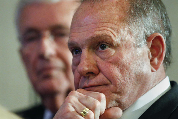 Former Alabama Chief Justice and U.S. Senate candidate Roy Moore waits to speak at a newss conference, Thursday, Nov. 16, 2017, in Birmingham, Ala.