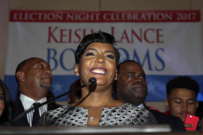 Atlanta mayoral candidate Keisha Lance Bottoms declares victory during an election-night watch party Wednesday, Dec. 6, 2017, in Atlanta.