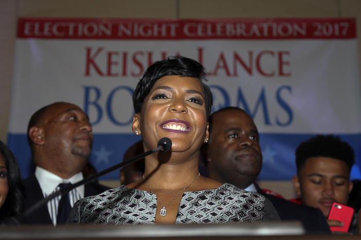 Atlanta mayoral candidate Keisha Lance Bottoms declares victory during an election-night watch party Wednesday, Dec. 6, 2017, in Atlanta. 