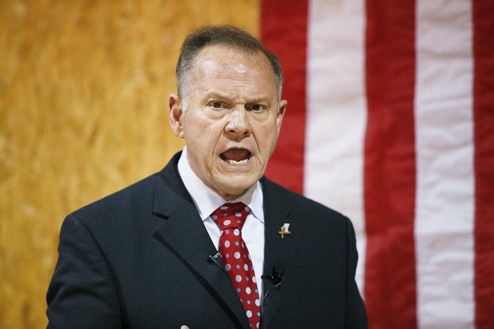 In this Nov. 30, 2017 photo, former Alabama Chief Justice and U.S. Senate candidate Roy Moore speaks at a campaign rally, in Dora, Ala.