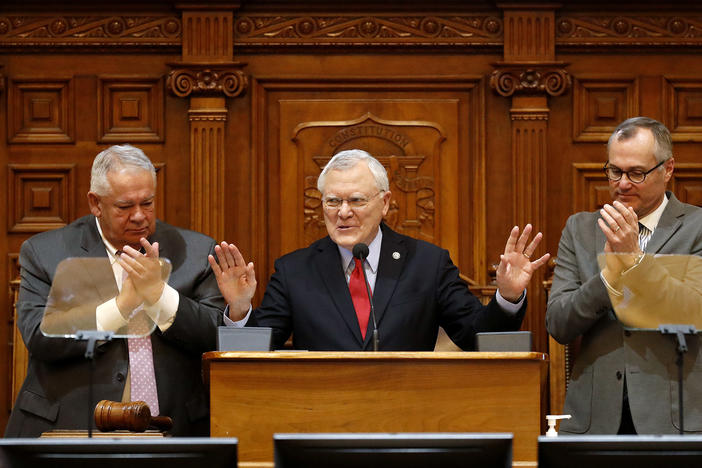 Lt. Gov Casey Cagle (right) flanks Governor Nathan Deal (middle) and House Speaker David Ralston (left)