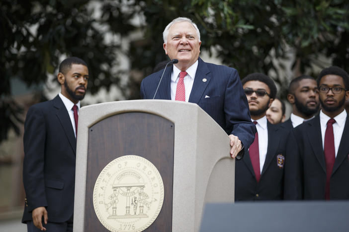 Georgia Gov. Nathan Deal addresses the crowd at the Capital during the March for Humanity marking the 50th anniversary of Rev. Martin Luther King Jr.'s assassination, Monday, Apr. 9, 2018, in Atlanta.