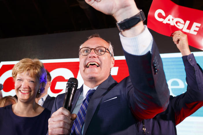 Republican candidate for Georgia Gov. Casey Cagle speaks to his supporters as he enters a runoff with Brian Kemp during an election-night watch party in Gainesville, Ga., Tuesday, May 22, 2018.