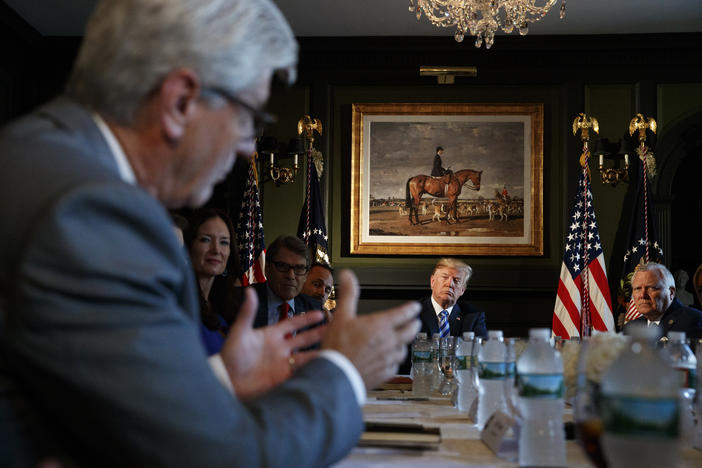 President Donald Trump and Governor Nathan Deal during a meeting with state leaders about prison reform, Thursday, Aug. 9, 2018, at Trump National Golf Club in Bedminster, N.J. 