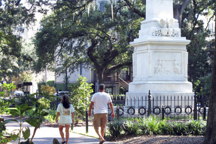 In this Aug. 31, 2018 photo, people stroll through Monterey Square in the historic landmark district of Savannah. Air along the coast earned recent air quality grades of A from the American Lung Association.