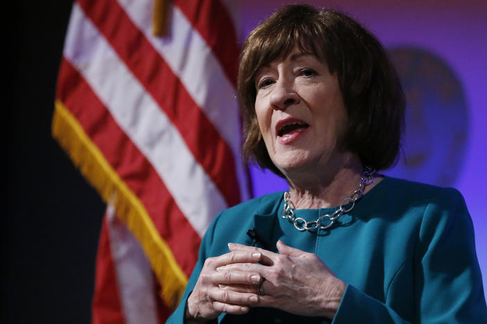 Sen. Susan Collins, R-Maine, considered one of the few possible Republican "no" votes on Supreme Court nominee Brett Kavanaugh, speaks at Saint Anselm College, Friday, Sept. 21, 2018, in Manchester, N.H. 