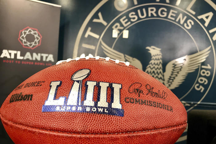One of two footballs that flanked local, state and federal law enforcement officials at a Tuesday news conference about public safety at the upcoming Super Bowl 53 in Atlanta.