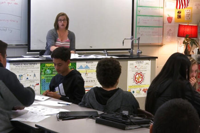 Science teacher Sarah Ott speaks to her class about climate literacy in Dalton, Ga. Teachers across the country describe struggles finding trustworthy materials to help them teach their students about climate change.