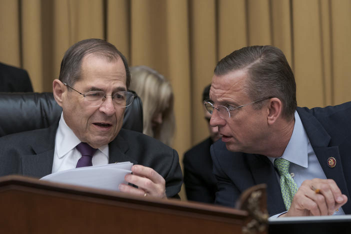 House Judiciary Committee Chairman, Rep. Jerrold Nadler, D-N.Y., left, talks with Rep. Doug Collins, R-Georgia, the ranking member, on Capitol Hill in Washington, Monday, June 10, 2019. 