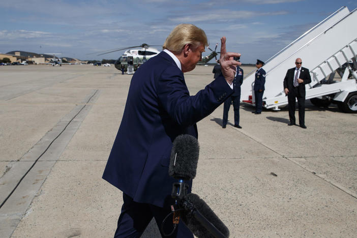 President Donald Trump walks off after speaking with reporters after arriving at Andrews Air Force Base, Thursday, Sept. 26, 2019, in Andrews Air Force Base, Md. 