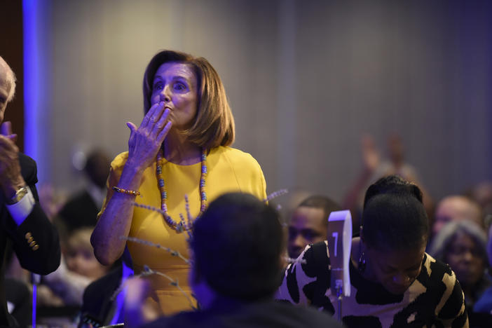 House Speaker Nancy Pelosi greets a crowd at a South Carolina Democratic Party fundraiser on Friday, Oct. 4, 2019, in Greenville, S.C.