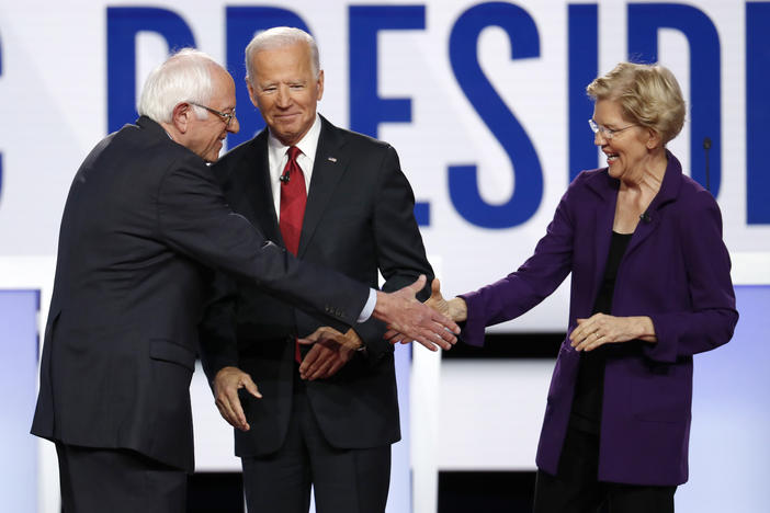 Democratic presidential candidate Sen. Bernie Sanders, I-Vt., left, former Vice President Joe Biden and Sen. Elizabeth Warren, D-Mass., right, participate in October's Democratic presidential primary debate hosted in Ohio.