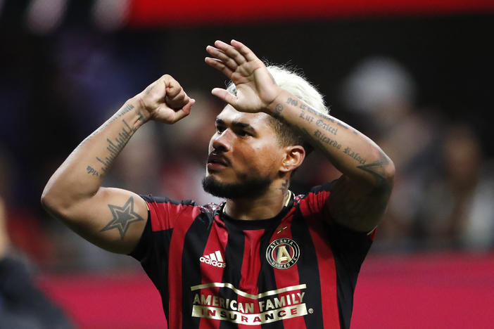 Atlanta United forward Josef Martinez gestures to the crowd after the team defeated the Philadelphia Union 2-0 in an MLS soccer Eastern Conference quarterfinal Thursday, Oct. 24, 2019, in Atlanta.