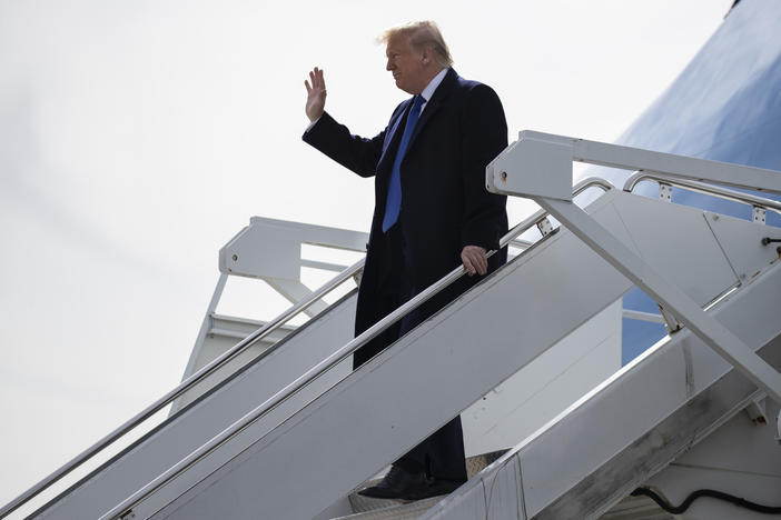 President Donald Trump arrives at Dobbins Air Reserve Base to attend a fundraiser and speak at the launch of "Black Voices for Trump," Friday, Nov. 8, 2019, in Marietta, Ga.
