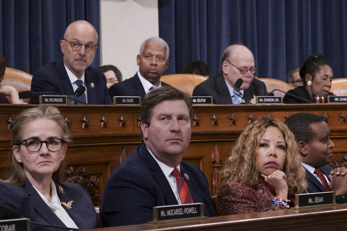 Democrats on the House Judiciary Committee listen as the panel considers the investigative findings in the impeachment inquiry against President Donald Trump, on Capitol Hill in Washington, Monday, Dec. 9, 2019.