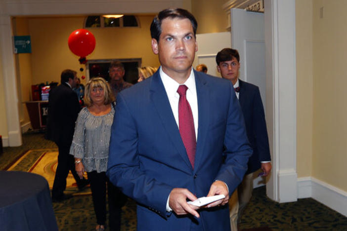 In this Tuesday, Nov. 6, 2018, file photo, Geoff Duncan, Republican candidate for Georgia lieutenant governor, arrives at an election-night watch party in Athens, Ga. 