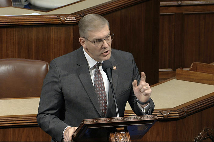 Rep. Barry Loudermilk, R-Ga., speaks as the House of Representatives debates the articles of impeachment against President Donald Trump at the Capitol in Washington, Wednesday, Dec. 18, 2019. 