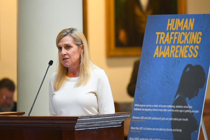 First Lady of Georgia Marty Kemp speaks on the rotunda about human trafficing during the opening day of the year for the state's general legislative session, Monday, Jan. 13, 2020, in Atlanta. (AP Photo/John Amis)