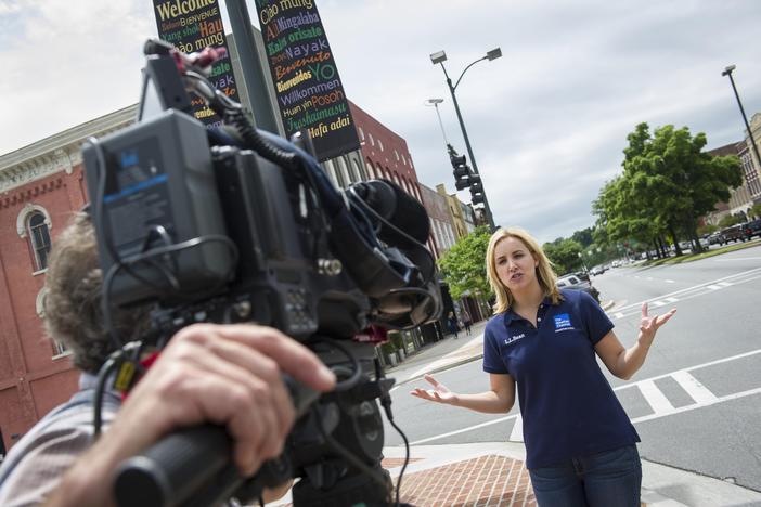 The Weather Channel's on-camera meteorologist Alex Wilson reports on the possibility of severe weather on Saturday, April 25, 2015, in Rome, Ga. 