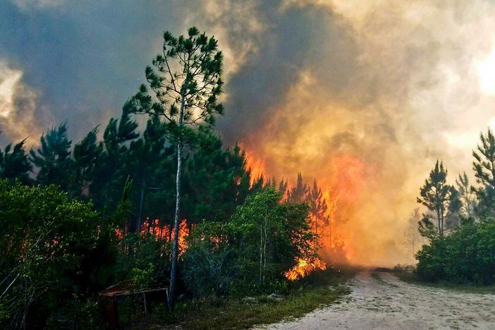 In this Saturday, May 6, 2017 photo provided by the Okefenokee National Wildlife Refuge smoke rises from a wildfire east of Fargo, Ga. Firefighters were battling Sunday to prevent the fire from spreading, authorities said. 